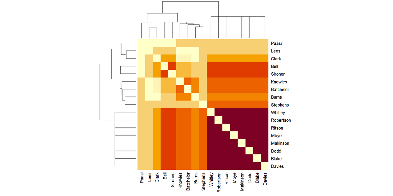 Matrix graph of which Saints players are together when Saints score in game 22.  The dark purple patch, of Whitley, Robertson, Ritson, Mbye, Makinson, Dodd, Blake and Davies, who are mostly backs, were together a lot.  The forwards, Paasi, Lees, Clark, Bell, Sironen, Knowles, Batchelor, Burns and Stephens, are paler because they are substituted on and off.