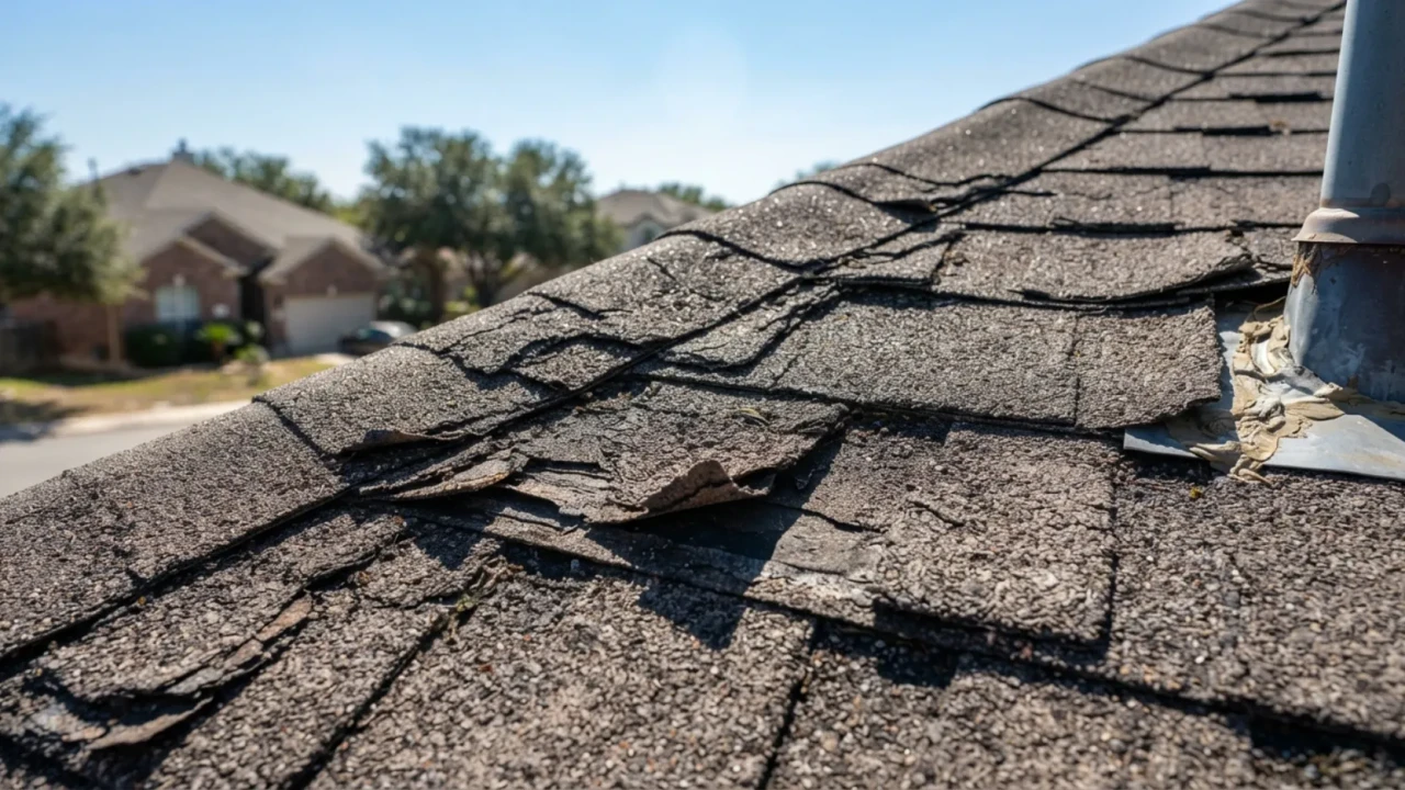 Curling cracked asphalt shingles roof damage San Antonio Texas
