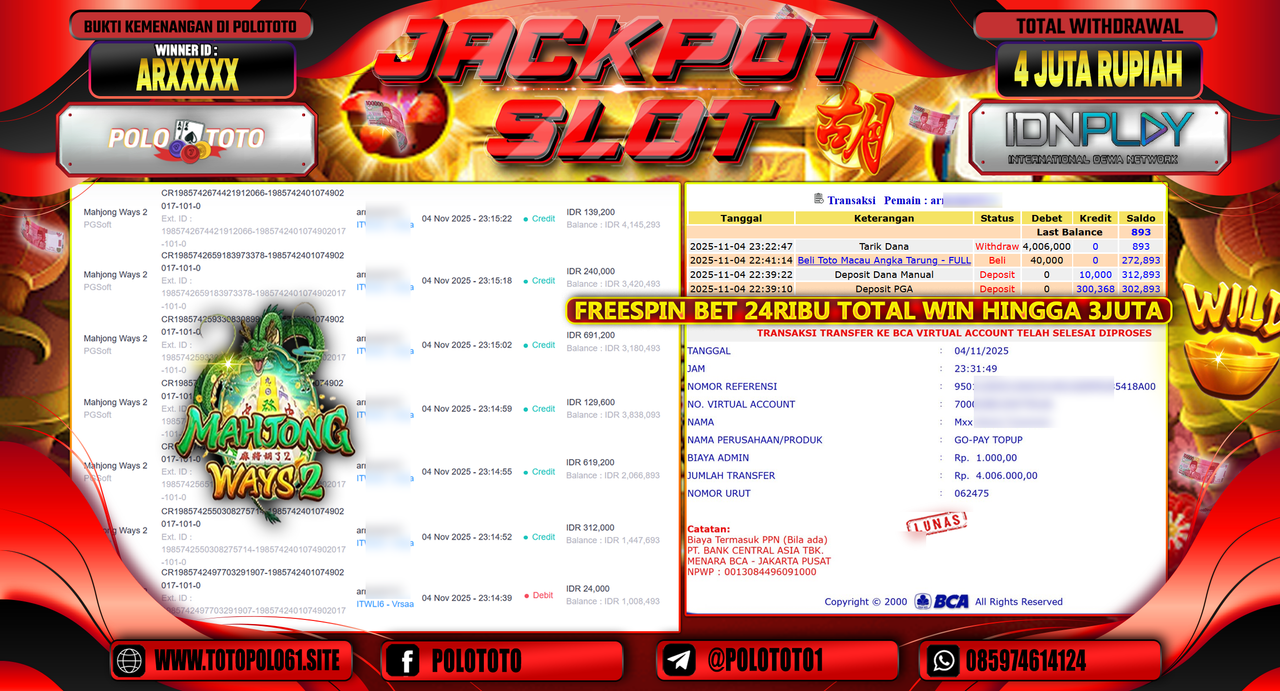 POLOTOTO JACKPOT SLOT MAHJONG WAYS 2 Rp.4.000.000,- LUNAS
