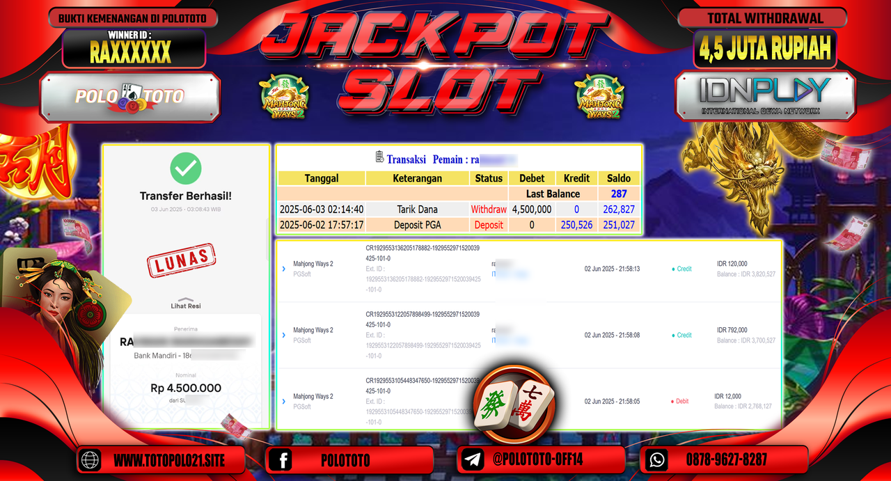 POLOTOTO JACKPOT SLOT MAHJONG WAYS 2 Rp.4.500.000,-