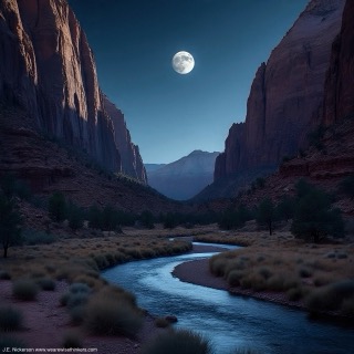 The moon hangs brightly over a quiet mountain canyon, casting a soft glow on the rocky cliffs below. A narrow stream winds through the canyon floor, reflecting the moonlight as it flows gently beneath the night sky.
