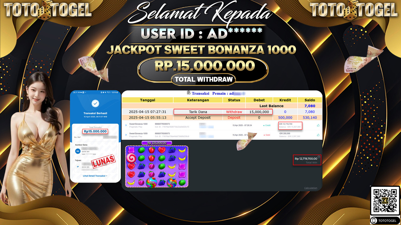 Bukti Pembayaran Jackpot  Permainan Slot Sweet Bonanza 1000 ID:AD****** LUNAS