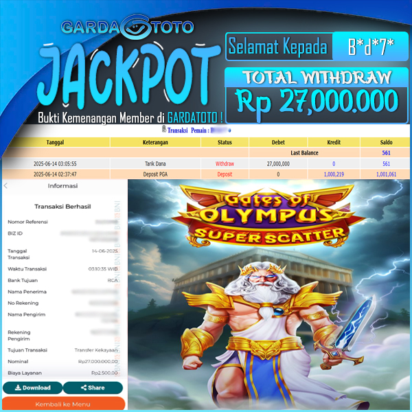 JACKPOT SLOT MAIN DI SLOT Gates Of Olympus Super Scatter WD Rp 27.000.000,- DIBAYAR LUNAS GARDATOTO MANTAP !