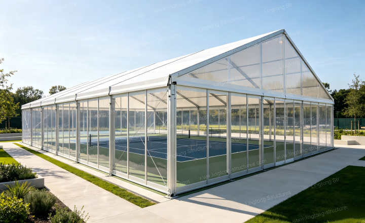 Completed Padel tent venue with court layout and surrounding enclosure system