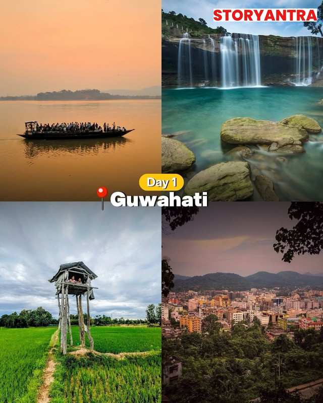Aerial view of Guwahati city and Brahmaputra River at sunset, Northeast India