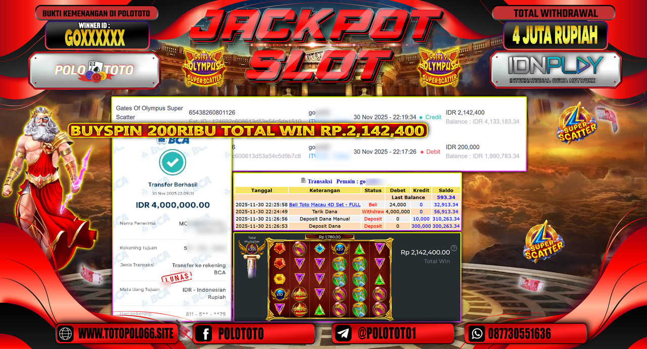 POLOTOTO JACKPOT SLOT GATES OF OLYMPUS SUPER SCATTER Rp.4.000.000,- LUNAS