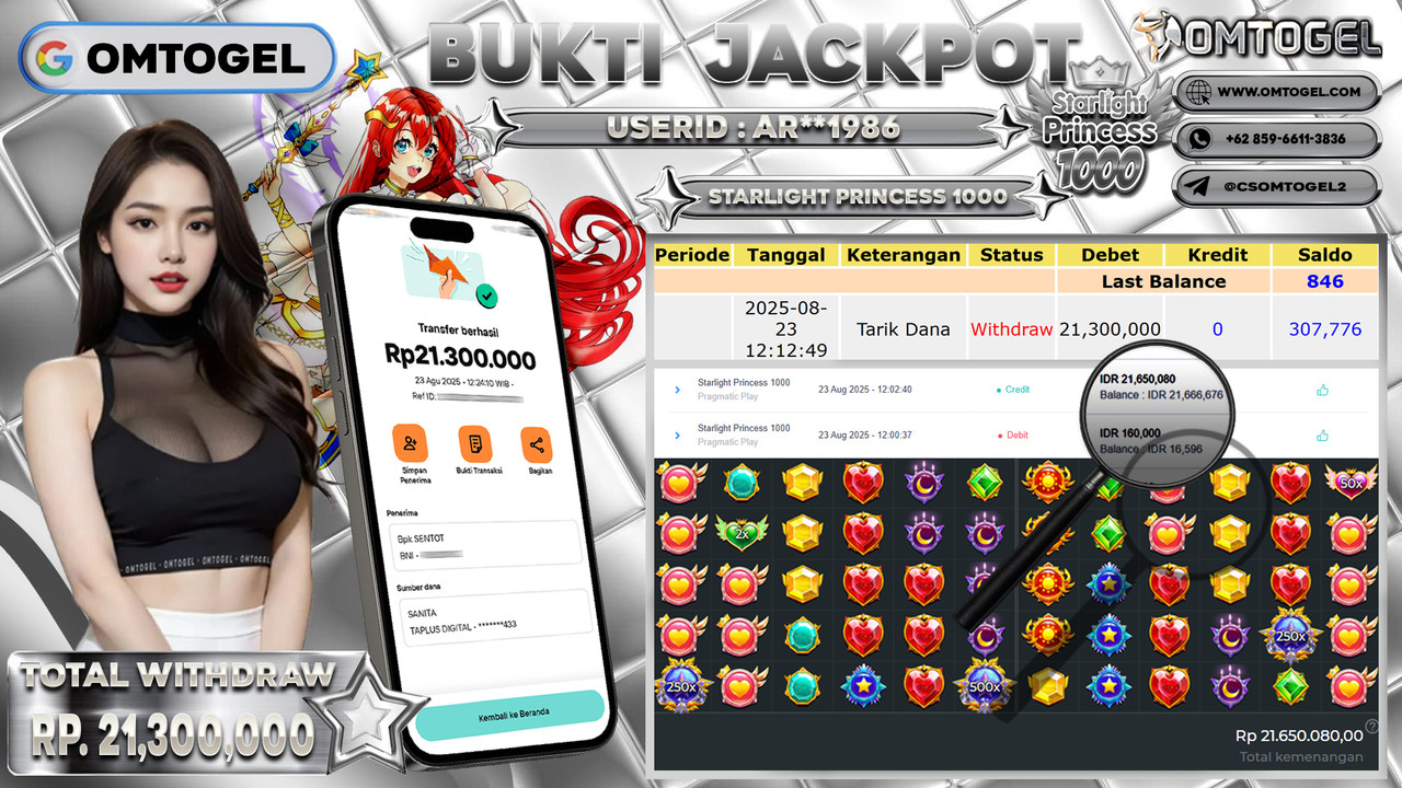 OMTOGEL JACKPOT PRAGMATIC PLAY STARLIGHT PRINCESS 1000 21 JUTA DI BAYAR LUNAS ,-