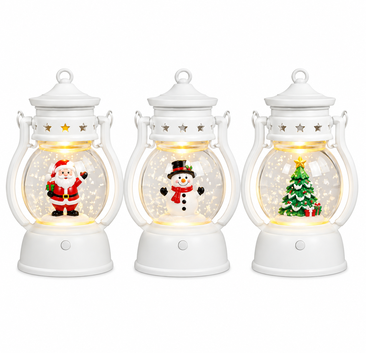 White LED Christmas Lantern Decoration with Santa Snowman and Christmas Tree