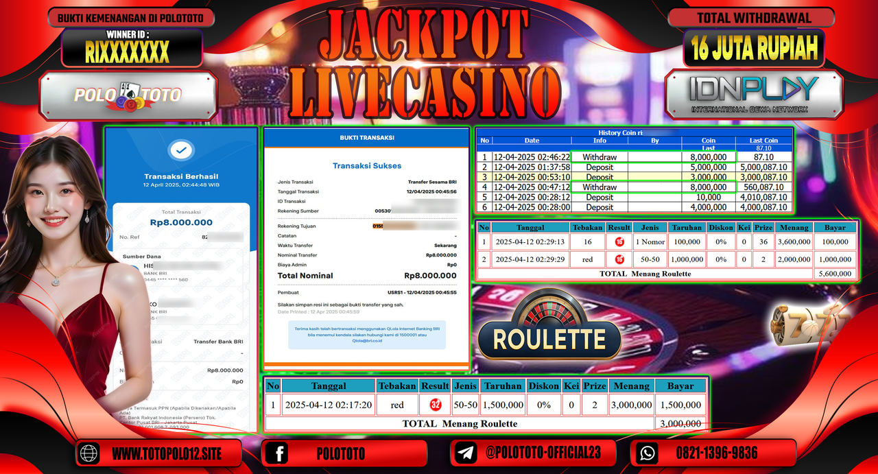 POLOTOTO JACKPOT LIVE CASINO ROULETTE  Rp.16.000.000,- LUNAS