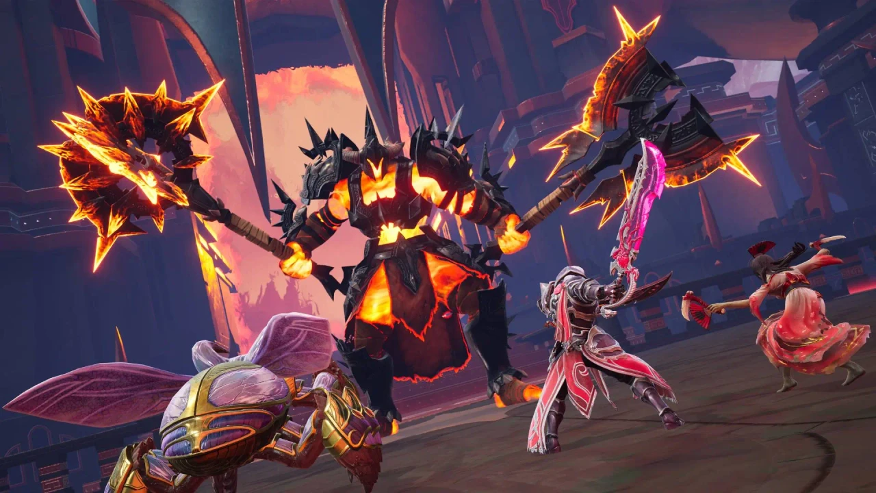 Several gods challenge the chaos titan in a game of Smite 2.