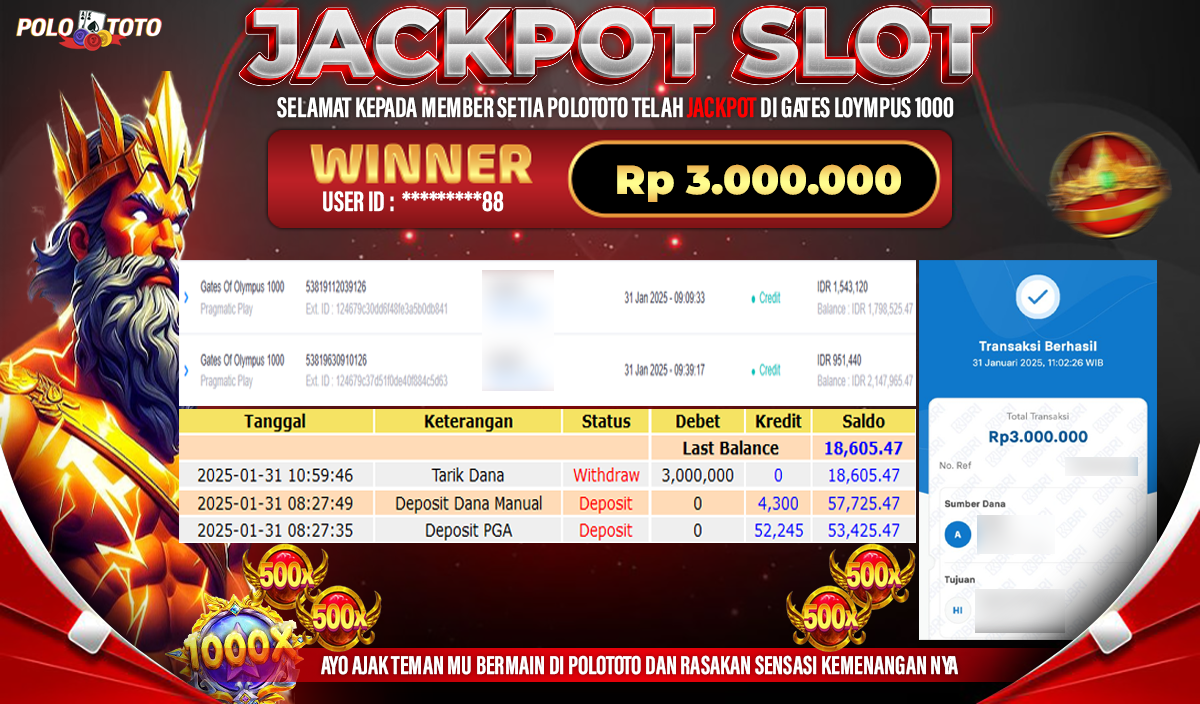 POLOTOTO JACKPOT SLOT GATES OF OLYMPUS 1000 Rp.3,000.000,-