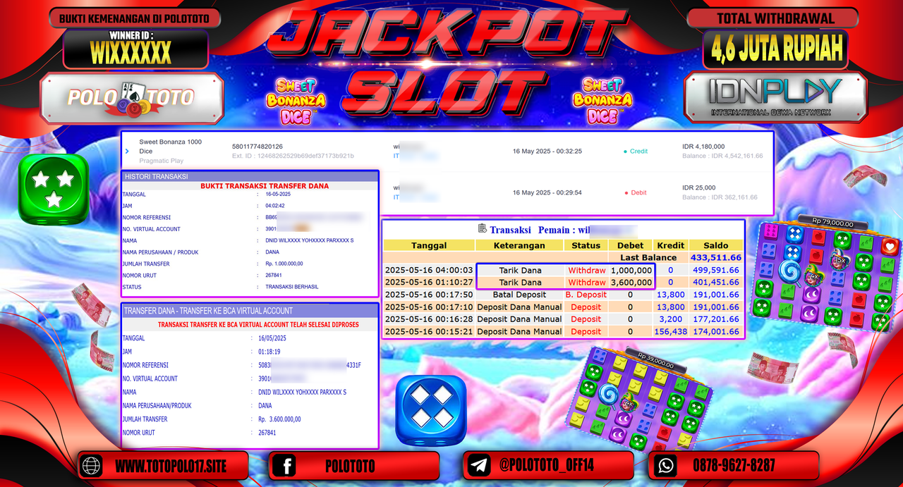 POLOTOTO JACKPOT SLOT SWEET BONANZA 1000 DICE Rp.4.600.000,-
