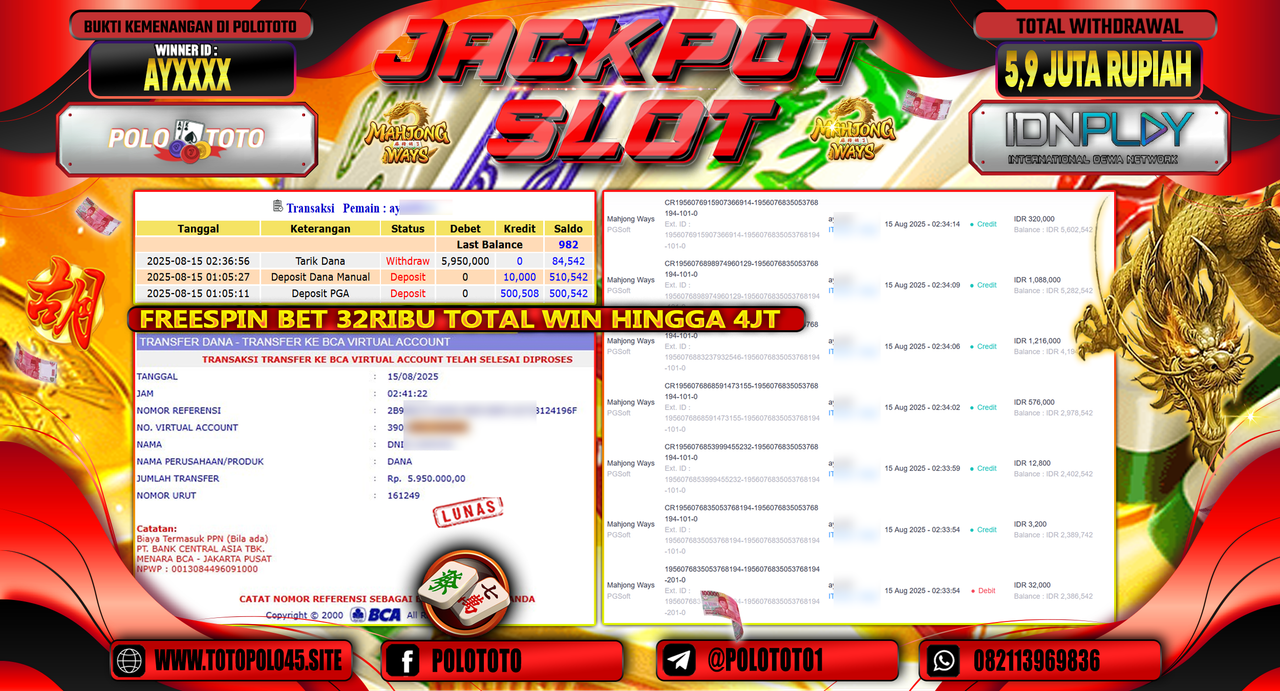 POLOTOTO JACKPOT SLOT MAHJONG WAYS Rp.5.900.000,-LUNAS