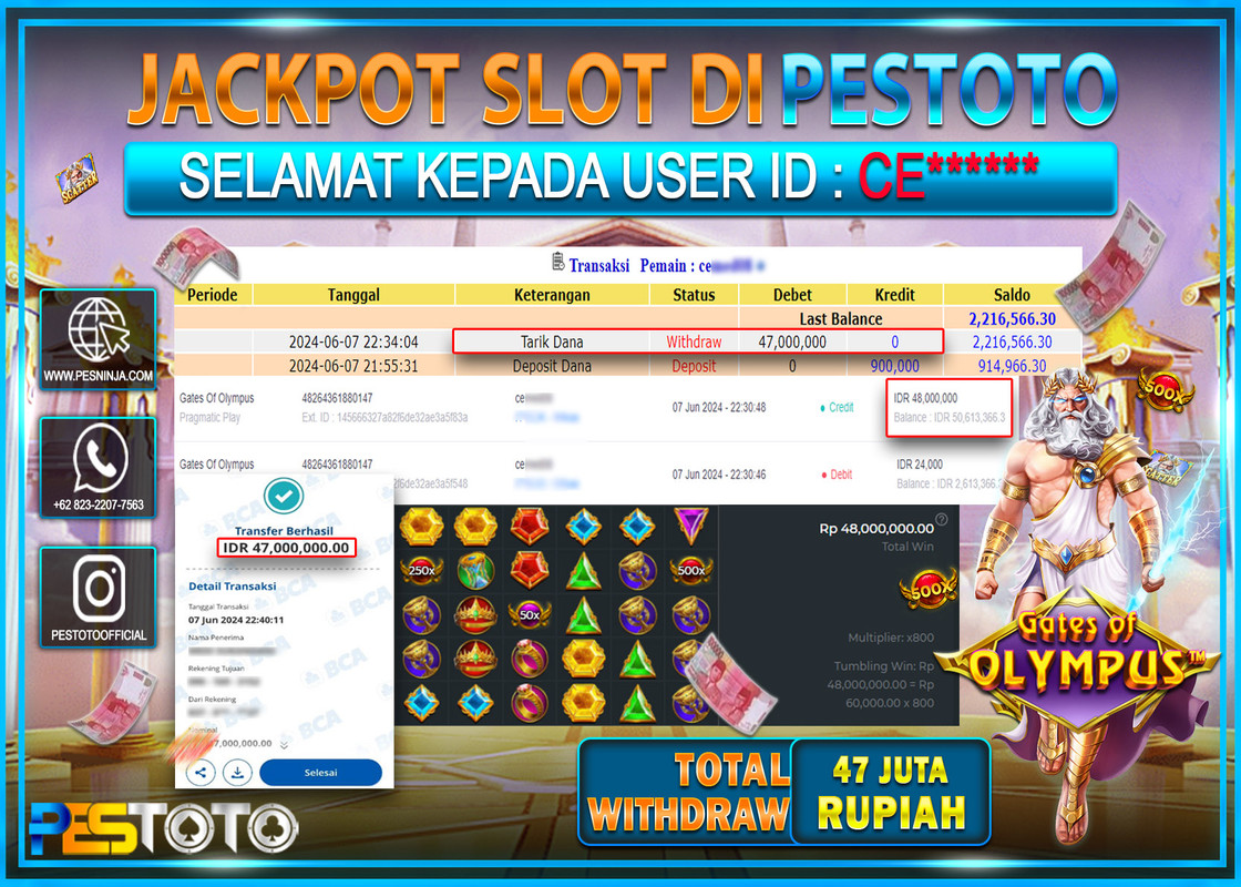 HANYA DI PESTOTO JP PASTI DI BAYAR LUNAS DAN CEPAT!!!!!! JP SLOT { GATES OF OLYMPUS 1000 } Rp.47.000.000 !!!!!