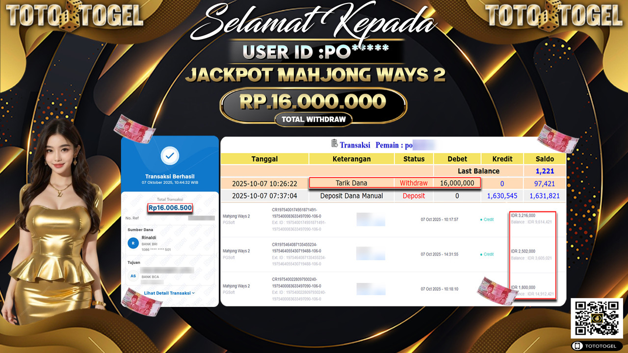 Bukti Pembayaran Jackpot Permainan Slot Mahjong Ways 2  ID:PO*** LUNAS