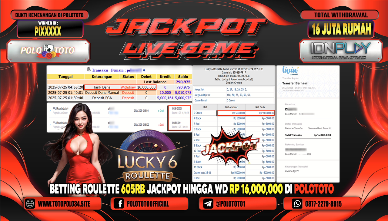 POLOTOTO JACKPOT LIVE GAME LUCKY 6 ROULETTE Rp.16.000.000,-LUNAS
