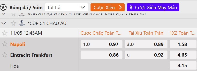 Tỷ lệ kèo Napoli vs Frankfurt