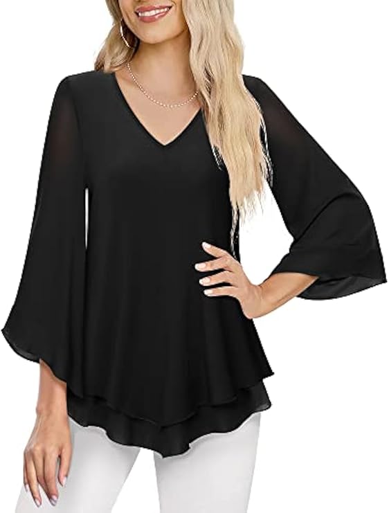 Summer Ruffle 3/4 Sleeve V-Neck Tunic