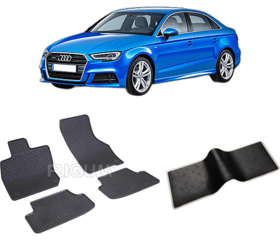 Set covorase auto AUDI A3 8Y din 04.2020-PREZENT, cu covoras tunel median, CAROSERIE SEDAN, Presuri cauciuc 100%, compatibil cu autoturismul AUDI A3 8Y, Rigum