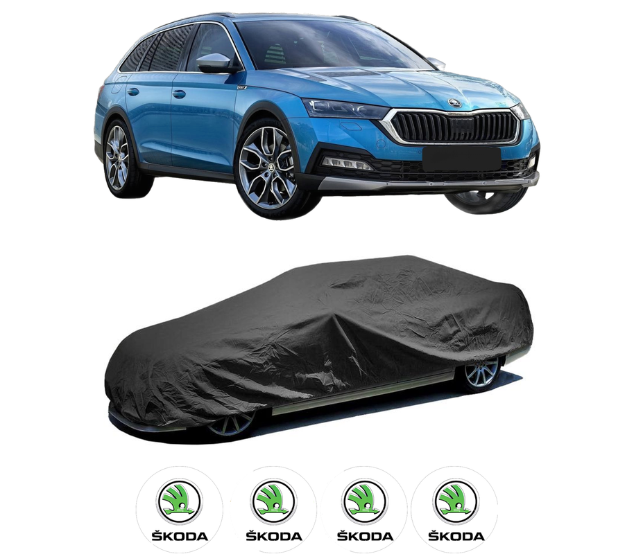 Husa tip prelata auto pentru SKODA OCTAVIA IV (NX3, NN3, PV3) din 2020-2021, Culoare Negru, material textil impermeabil, rezistanta la intemperii praf UV, CARPASSION Husa Protectie, 4 Stickere auto cu SKODA