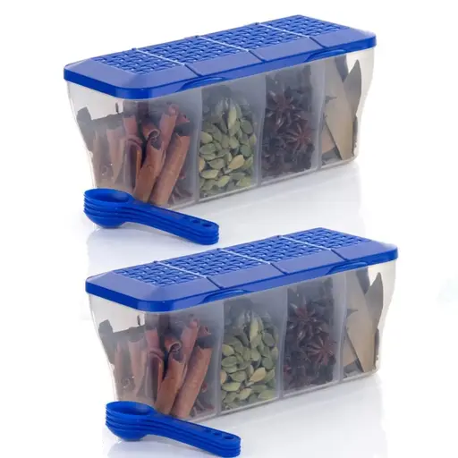 4 in 1 Multipurpose 4 Section Kitchen, Fridge Storage Airtight Container Set for Vegetables, Dryfruits, Spices, Groceries, and Pickles with 4 Spoons Storage Set 1800 ml- (Blue, Pack of 2) (R509)