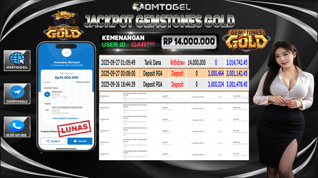 OMTOGEL JACKPOT PGSOFT GEMSTONES GOLD 14 JUTA DI BAYAR LUNAS ,-