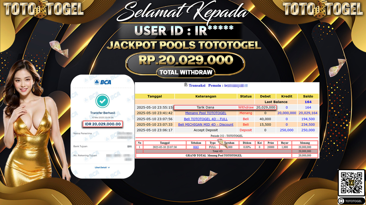 Bukti Pembayaran Jackpot  Permainan Togel Pools Tototogel ID:IR***** LUNAS