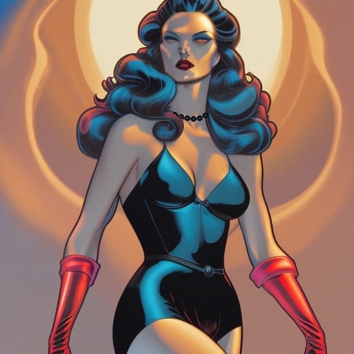 Marvel Maid: Woman with long black hair in revealing one-piece black swimsuit with black pearl necklace and red elbow-length gloves in heroic pose