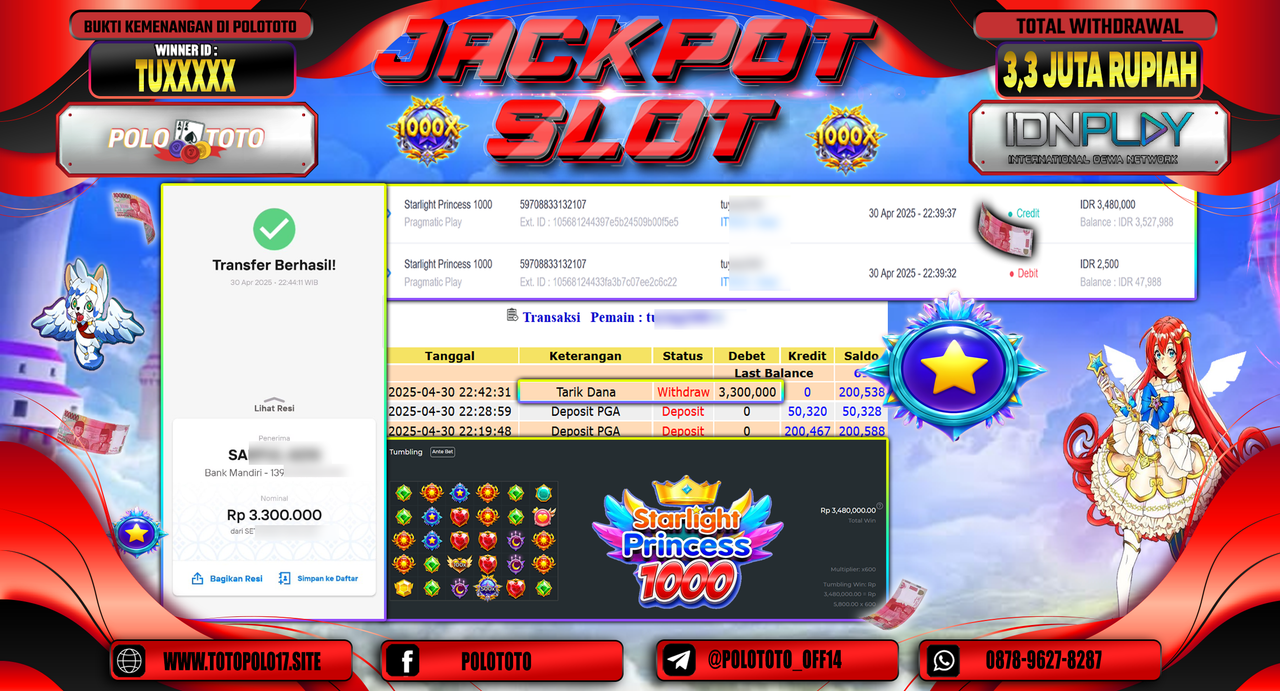 POLOTOTO JACKPOT SLOT STARLIGHT PRINCESS 1000 Rp.3.300.000,-