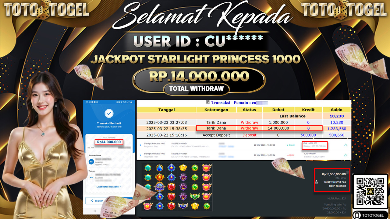 Bukti Pembayaran Jackpot  Permainan Slot Starlight Princess 1000 ID:CU**** LUNAS
