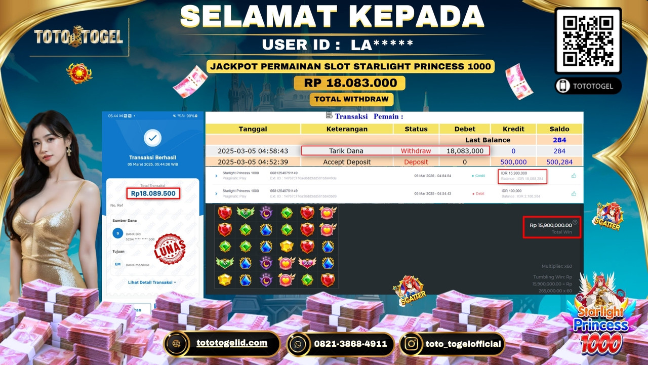Bukti Pembayaran Jackpot  Permainan Slot Starlight Princess 1000  ID:LA***** LUNAS