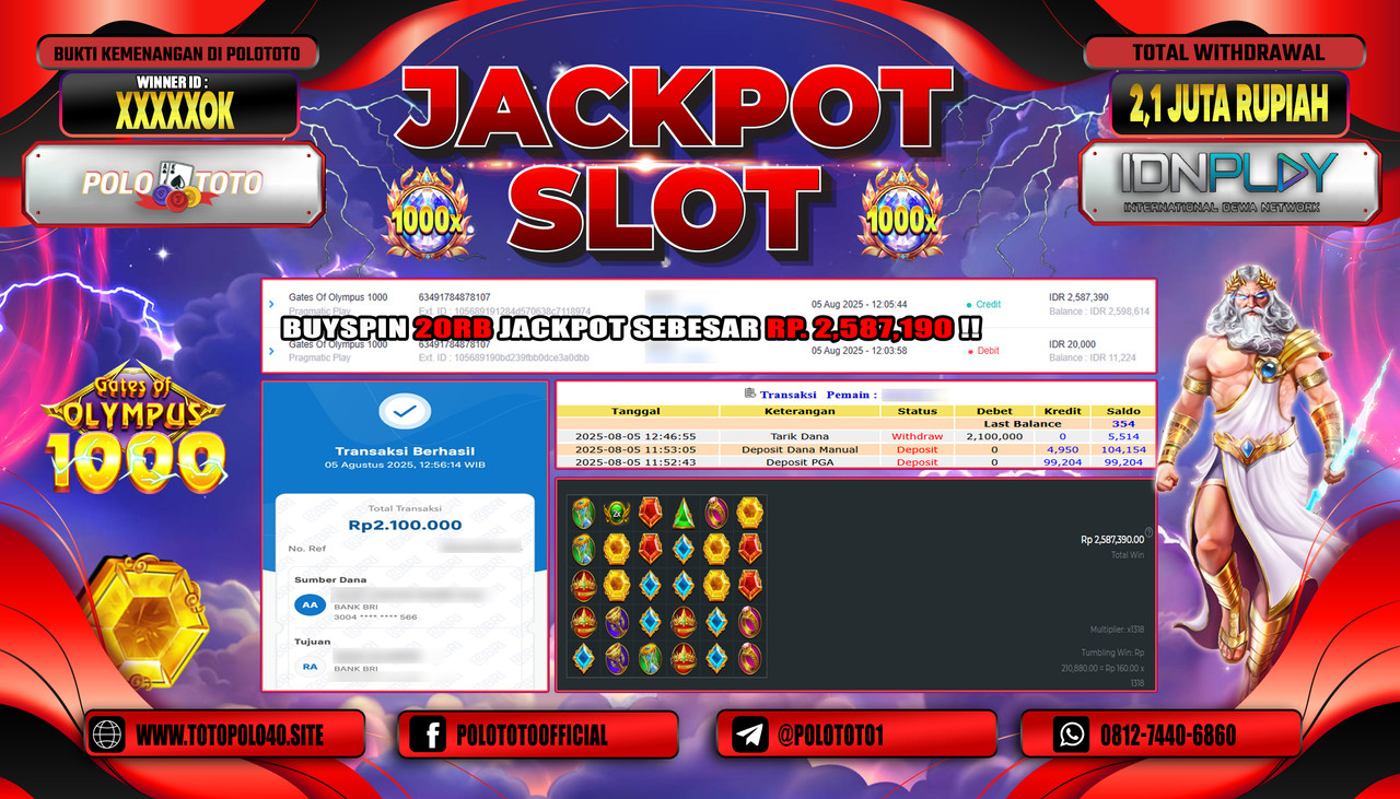 POLOTOTO JACKPOT SLOT GATES OF OLYMPUS 1000 Rp.2.100.000,-LUNAS