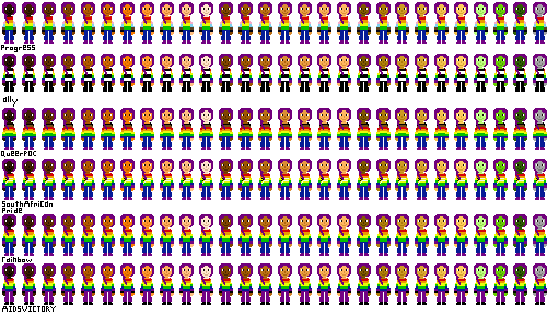 a row of people with pride flag shirts and dark magenta hair