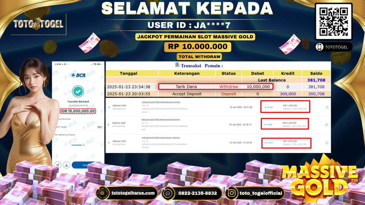 Bukti Pembayaran Jackpot  Permainan Slot Massive Gold  ID:JA****7  LUNAS