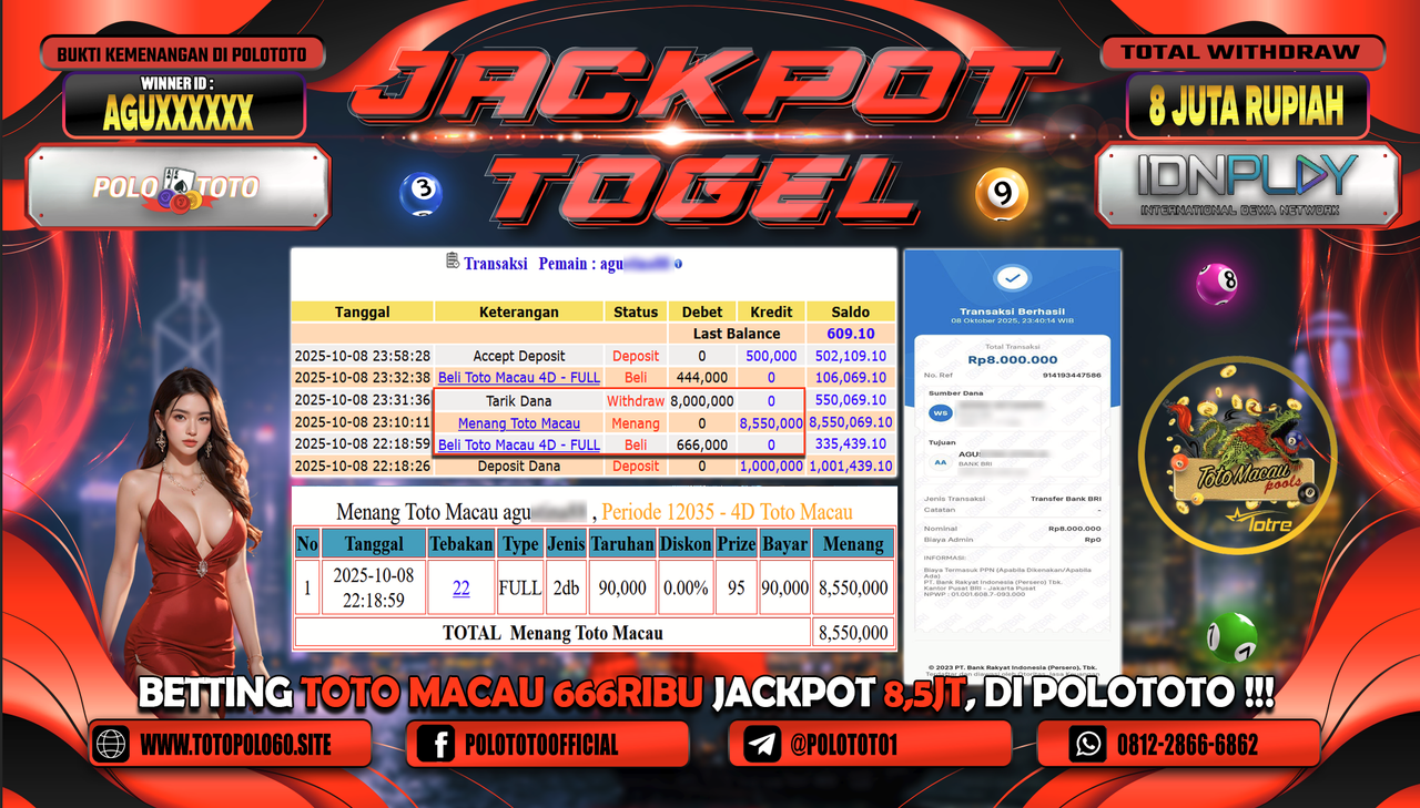 POLOTOTO JACKPOT TOGEL MENANG TOTO MACAU Rp.8.000.000,- LUNAS