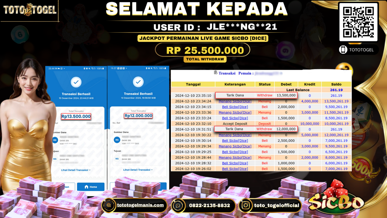 Bukti Pembayaran Jackpot Permainan Live Game Sicbo [Dice] ID: JLE***NG**21 LUNAS