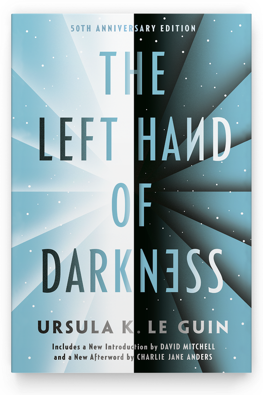 cover image of ursula k. le guin's book The Left Hand of Darkness. Left side of the book is light colours and right side is darker colours.
