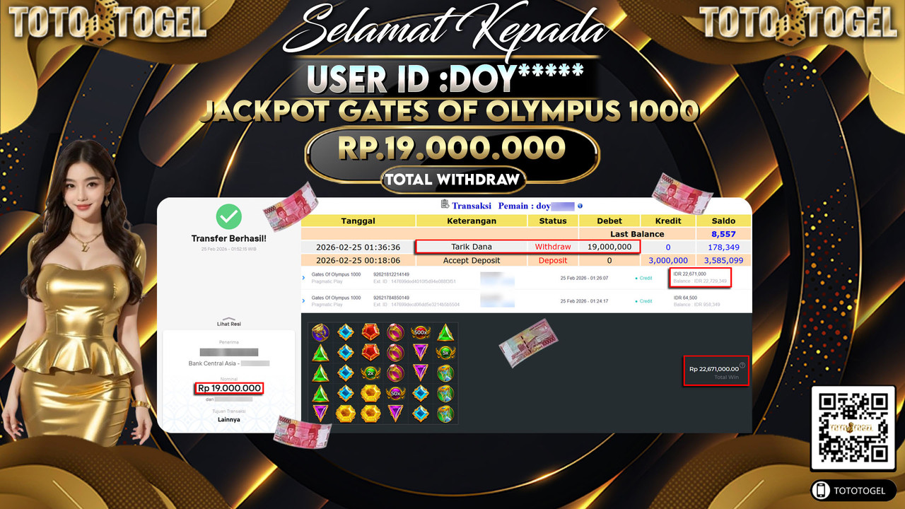 Bukti Pembayaran Jackpot Permainan Slot Gates Of Olympus 1000 ID:DOY*****LUNAS