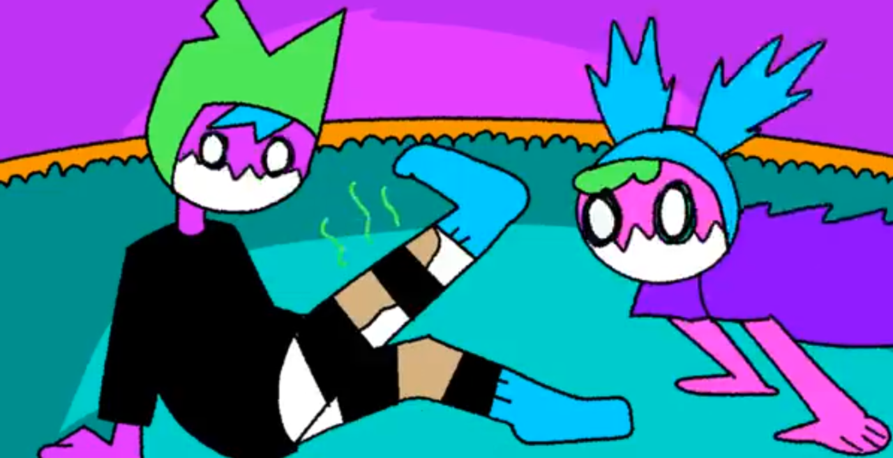 stupid looks at her tights in shock and poop looks like a scared cat with her back arched and her hair standing up