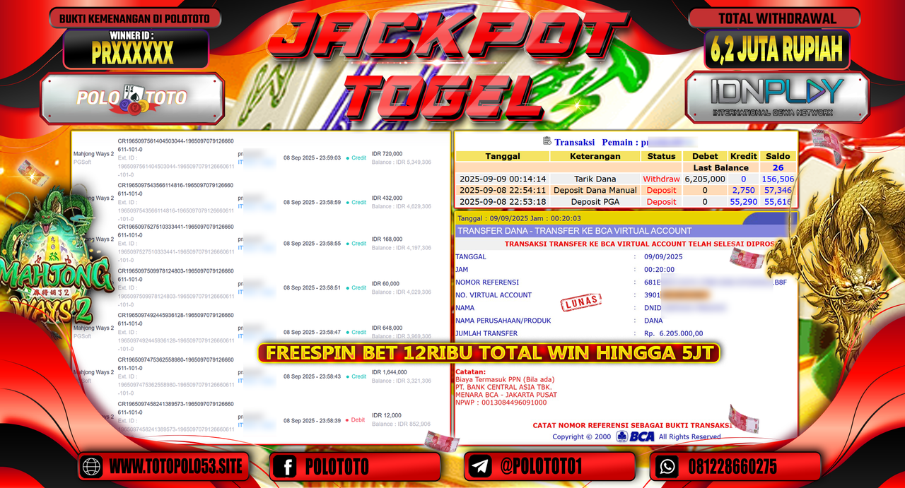 POLOTOTO JACKPOT SLOT MAHJONG WAYS 2 Rp.6.205.000,-