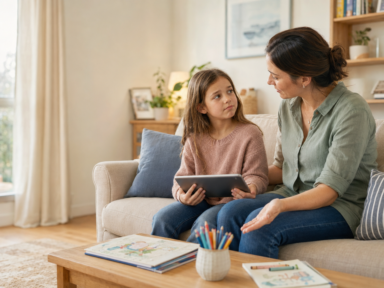 Parent calmly talking with child about ending screen time