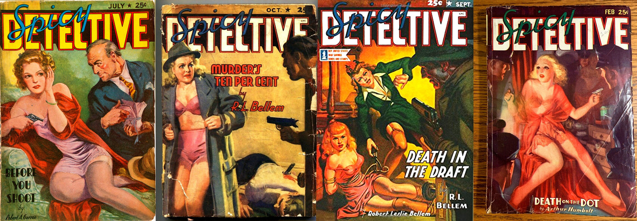 collage of 4 lurid covers from 1930s pulp magazine Spicy Detective Stories