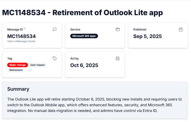 MC1148534 - Retirement of Outlook Lite app