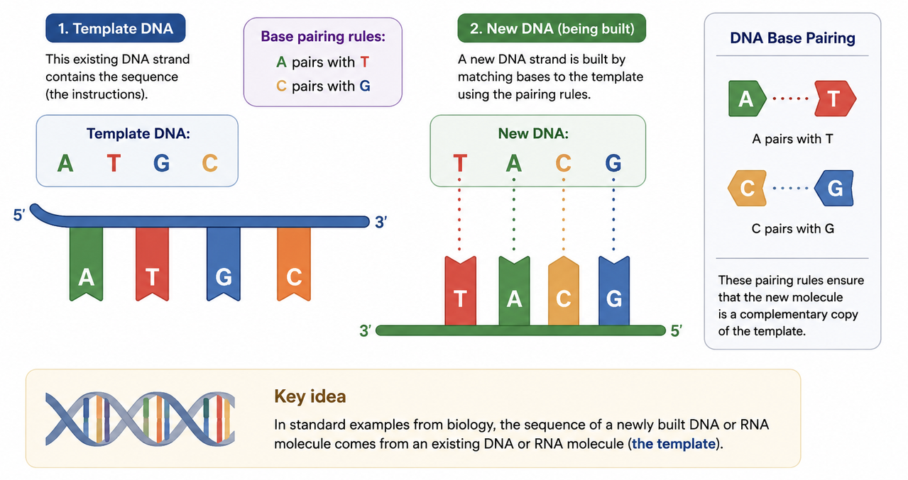 DNA template and complementary DNA synthesis showing A–T and C–G base pairing