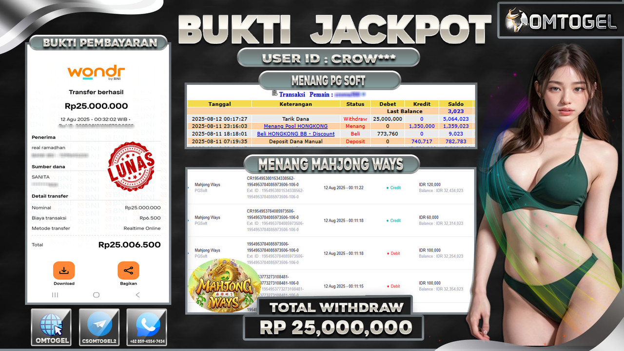 OMTOGEL JACKPOT PGSOFT MAHJONG WAYS 25 JUTA DI BAYAR LUNAS ,-