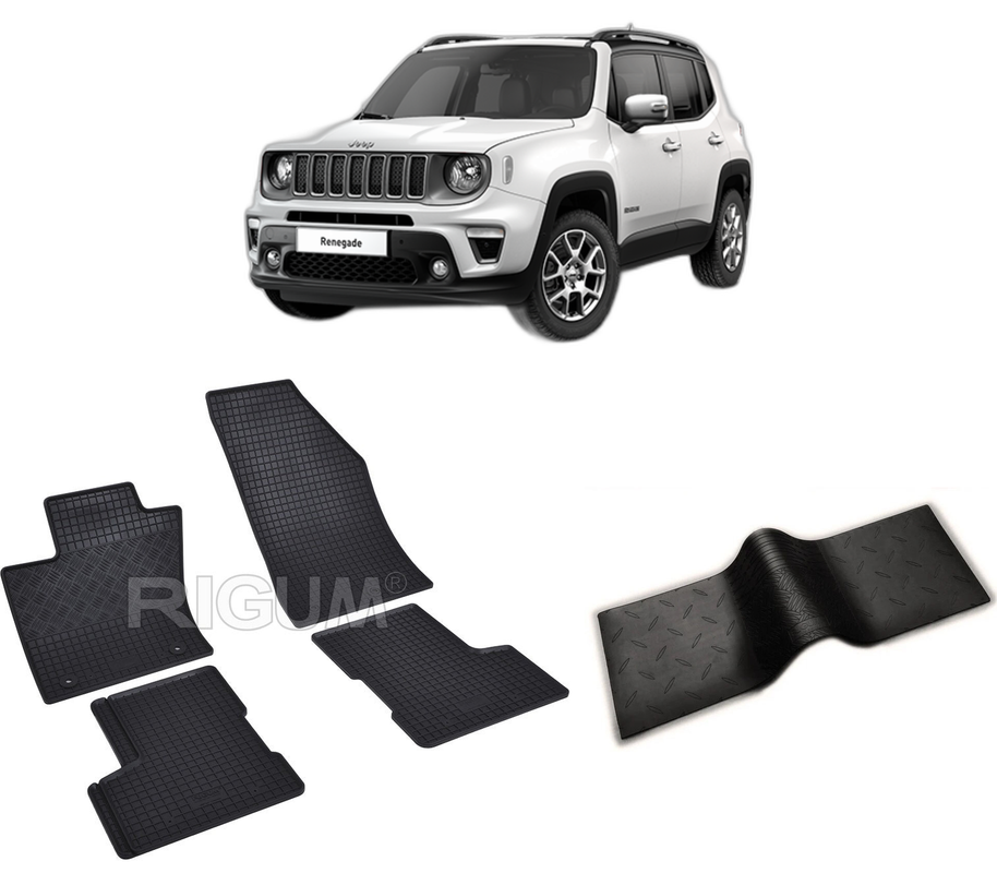 Set covorase auto JEEP RENEGADE MHEV din 02.2022-PREZENT, cu covoras tunel median, CAROSERIE SUV, Presuri cauciuc 100%, compatibil cu autoturismul JEEP RENEGADE MHEV, Rigum
