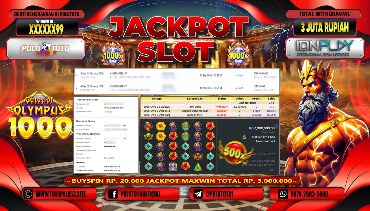 POLOTOTO JACKPOT SLOT GATES OF OLYMPUS 1000 Rp.3.000.000,-LUNAS