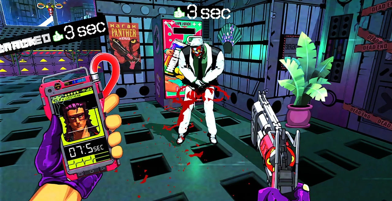 Gameplay of Mullet Madjack with the player shooting a robot in the crotch.