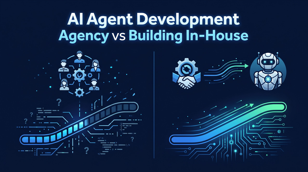 Comparison illustration of AI agent development agency versus in-house engineering team for building production AI agents