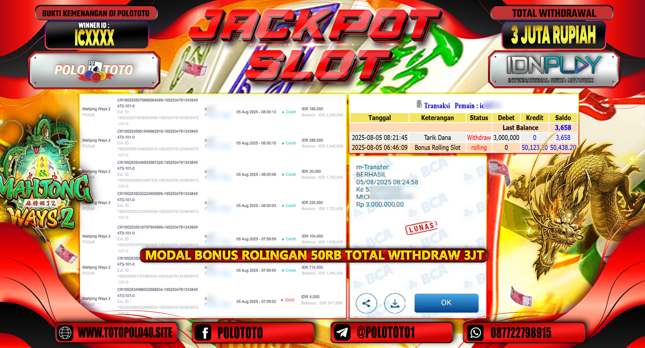 POLOTOTO JACKPOT SLOT MAHJONG WINS 2 Rp.3.000.000,-LUNAS